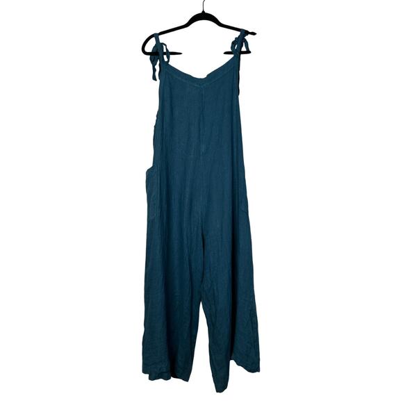 Meo Meli O/S Tie Shoulder 100% Italian Linen Jumpsuit Wide Leg Crop Peacock Blue - Picture 3 of 8